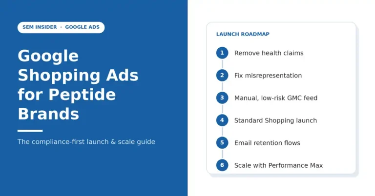 Google Shopping ads for peptide brands – six-step launch roadmap from removing health claims to scaling with Performance Max